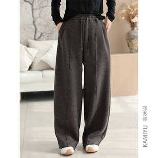 裤 女士宽松运动直筒百搭复古绵羊毛女装 子 女秋冬新款 咖咪羽休闲裤