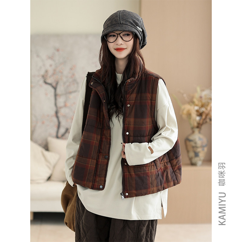 咖咪羽无袖马甲女秋冬坎肩时尚洋气格子夹棉宽松保暖背心女装外套
