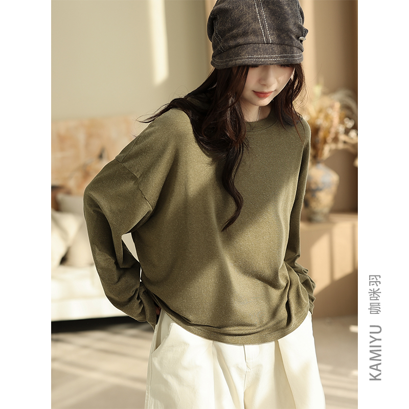 咖咪羽28%亚麻打底衫女秋季新款女士上衣圆领套头时尚百搭女装潮