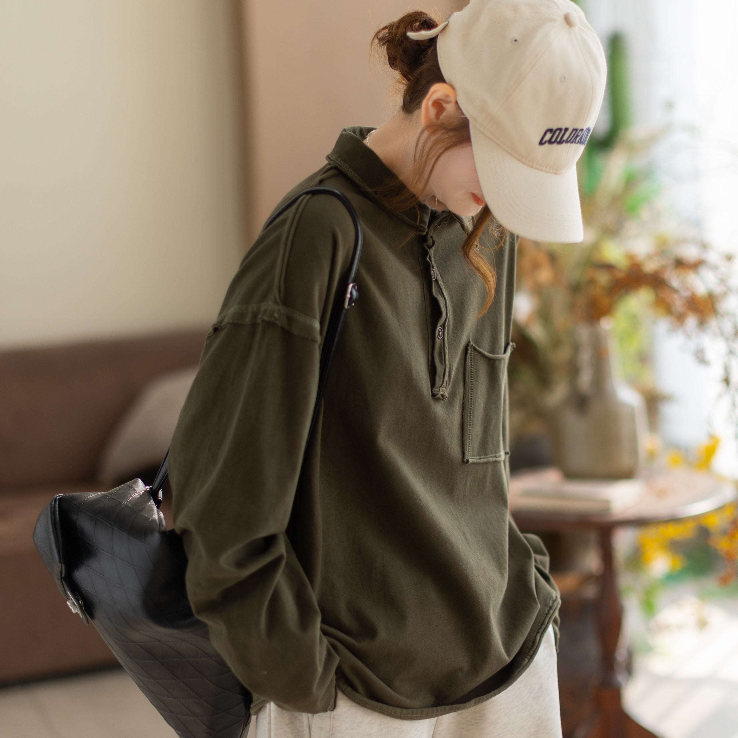 咖咪羽复古纯棉女翻领长袖套头百搭港味设计感小众做旧卫衣女