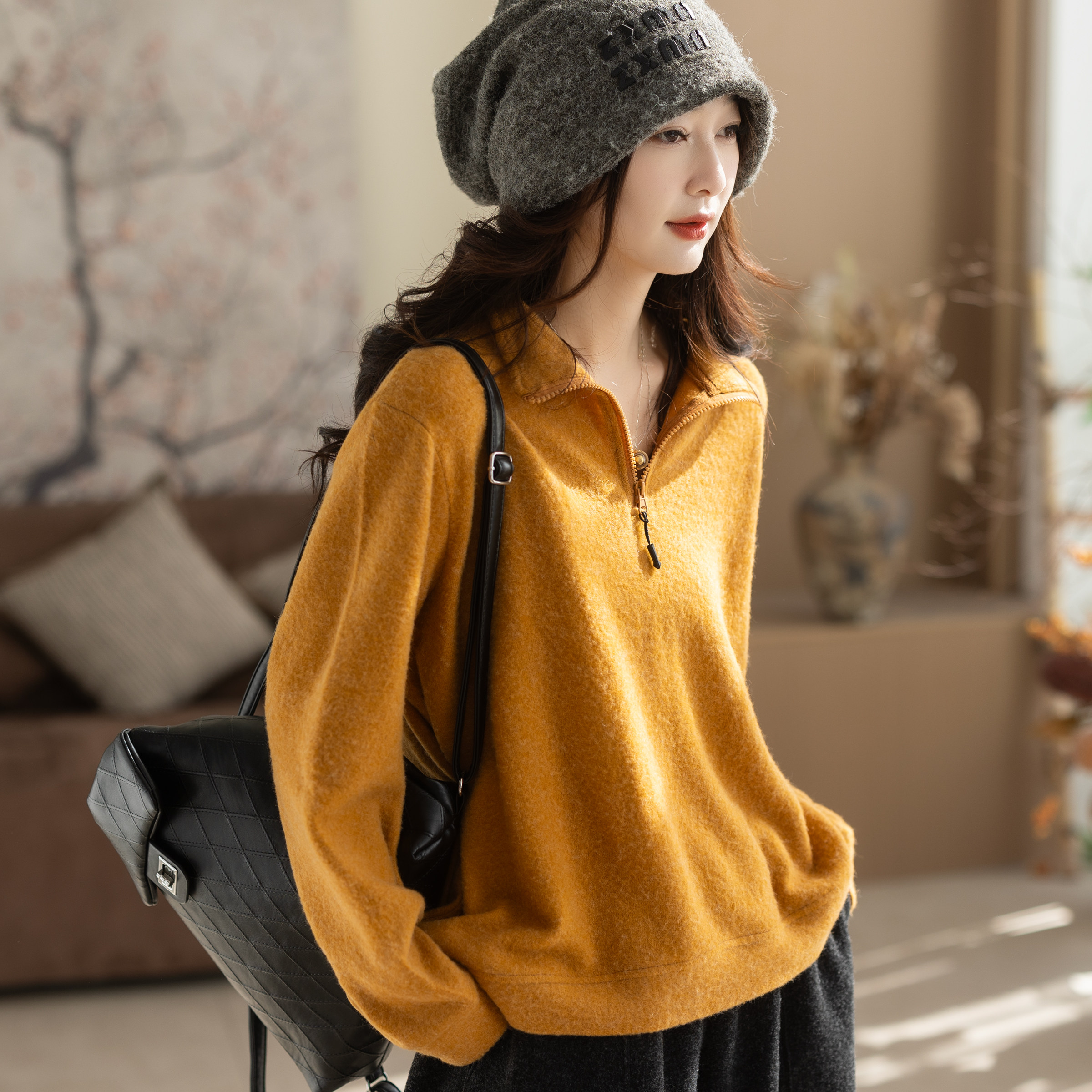 咖咪羽毛衣女秋冬新款半高领复古纯色百搭休闲宽松时尚女装上衣厚