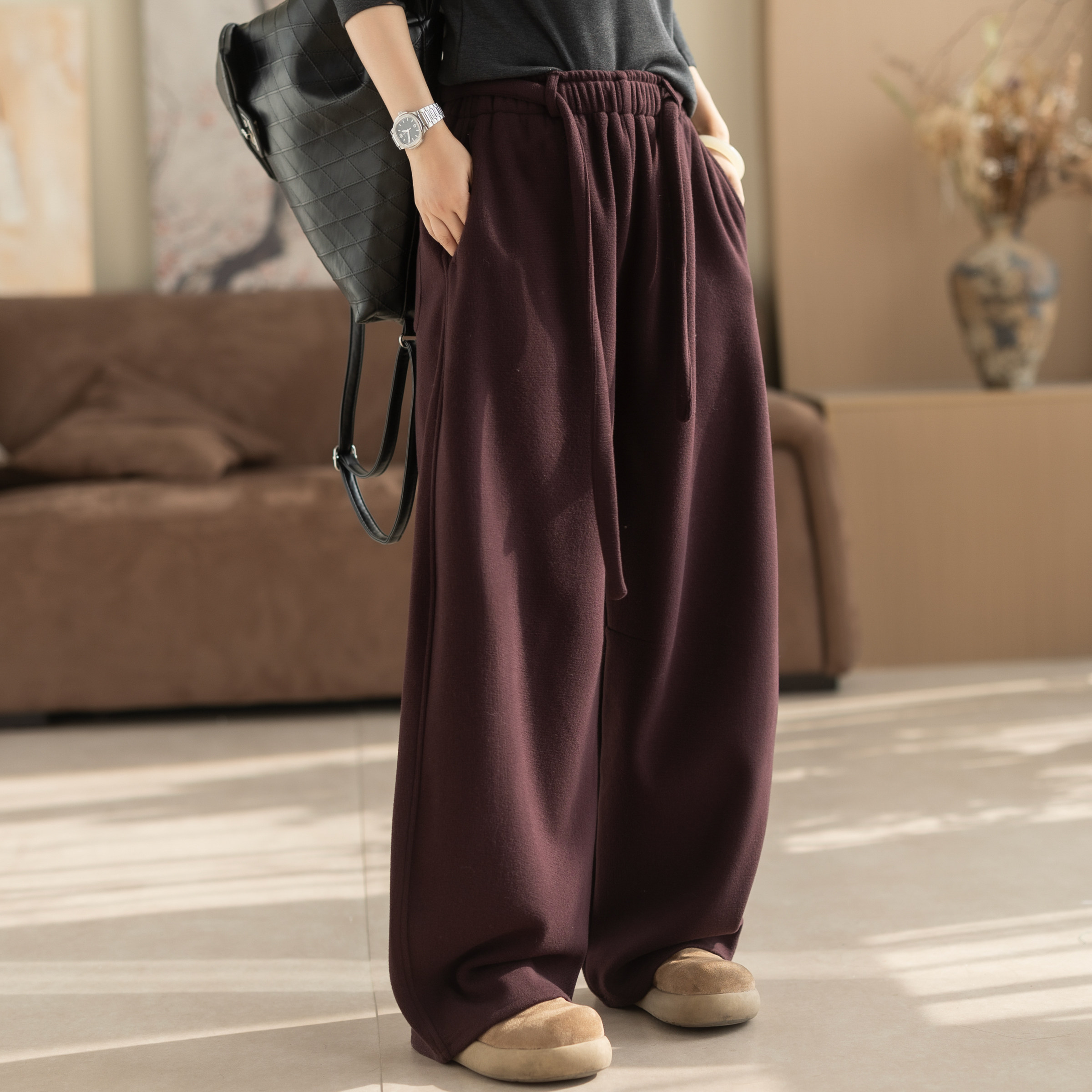 咖咪咪加绒阔腿裤女2025秋冬新款高腰垂感宽松慵懒感休闲裤