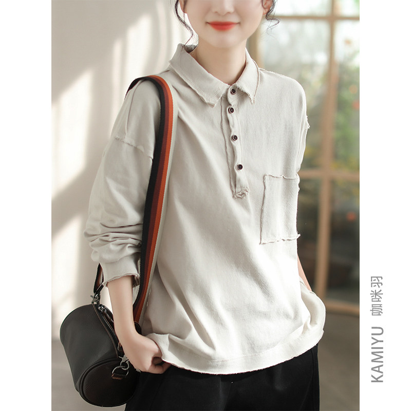 咖咪羽春秋新款针织棉女式上衣宽松休闲百搭套头女装上衣长袖T恤