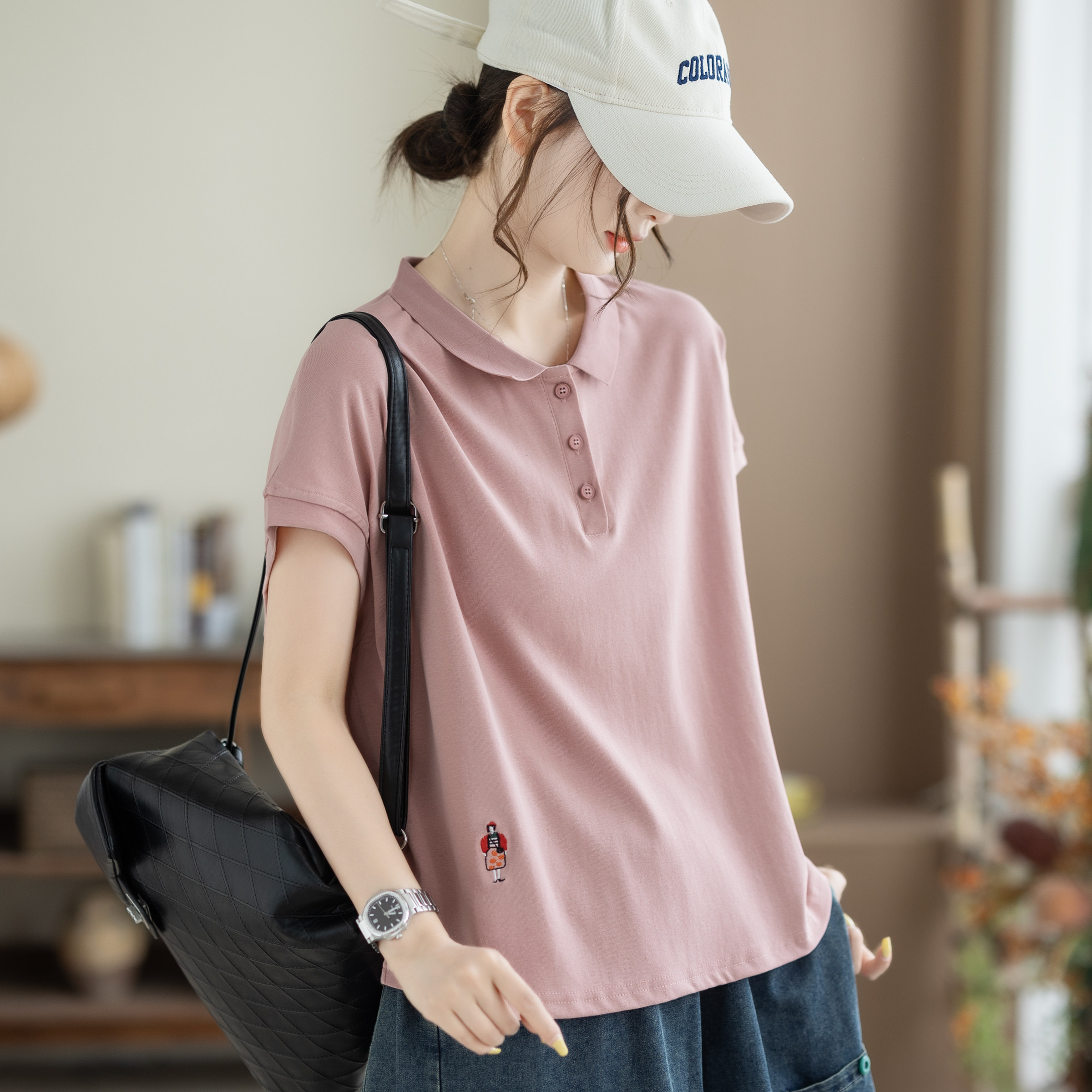 咖咪羽复古短袖Polo衫女韩版宽松纯色棉T恤通勤百搭减龄女装上衣