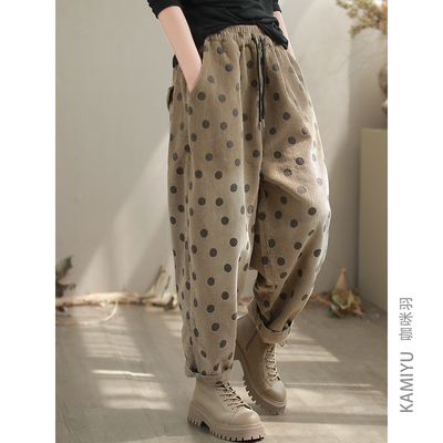 松紧腰通勤咖咪羽九分裤波点