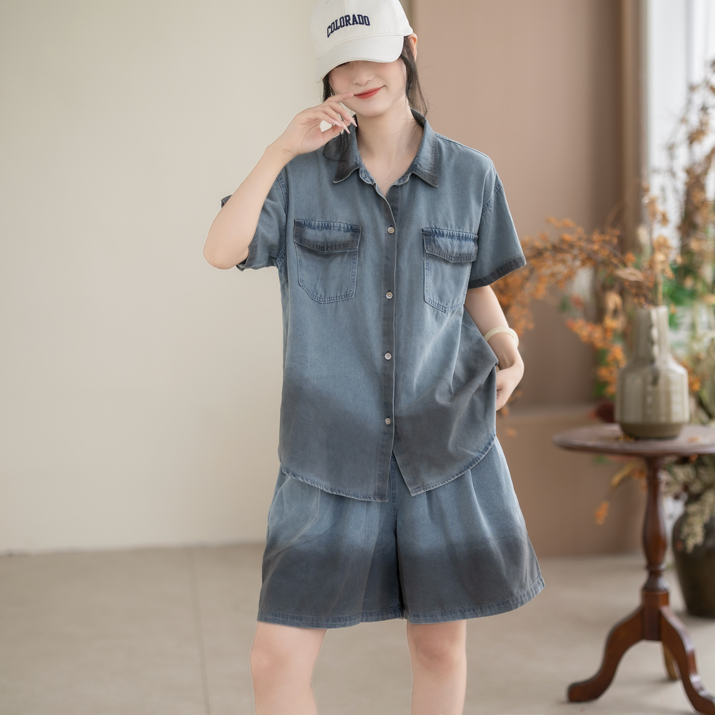 咖咪羽渐变色牛仔短袖女装夏季宽松显瘦慵懒风休闲衬衫短裤两件套