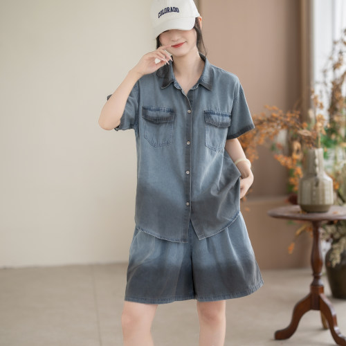 咖咪羽渐变色牛仔短袖女装夏季宽松显瘦慵懒风休闲衬衫短裤两件套