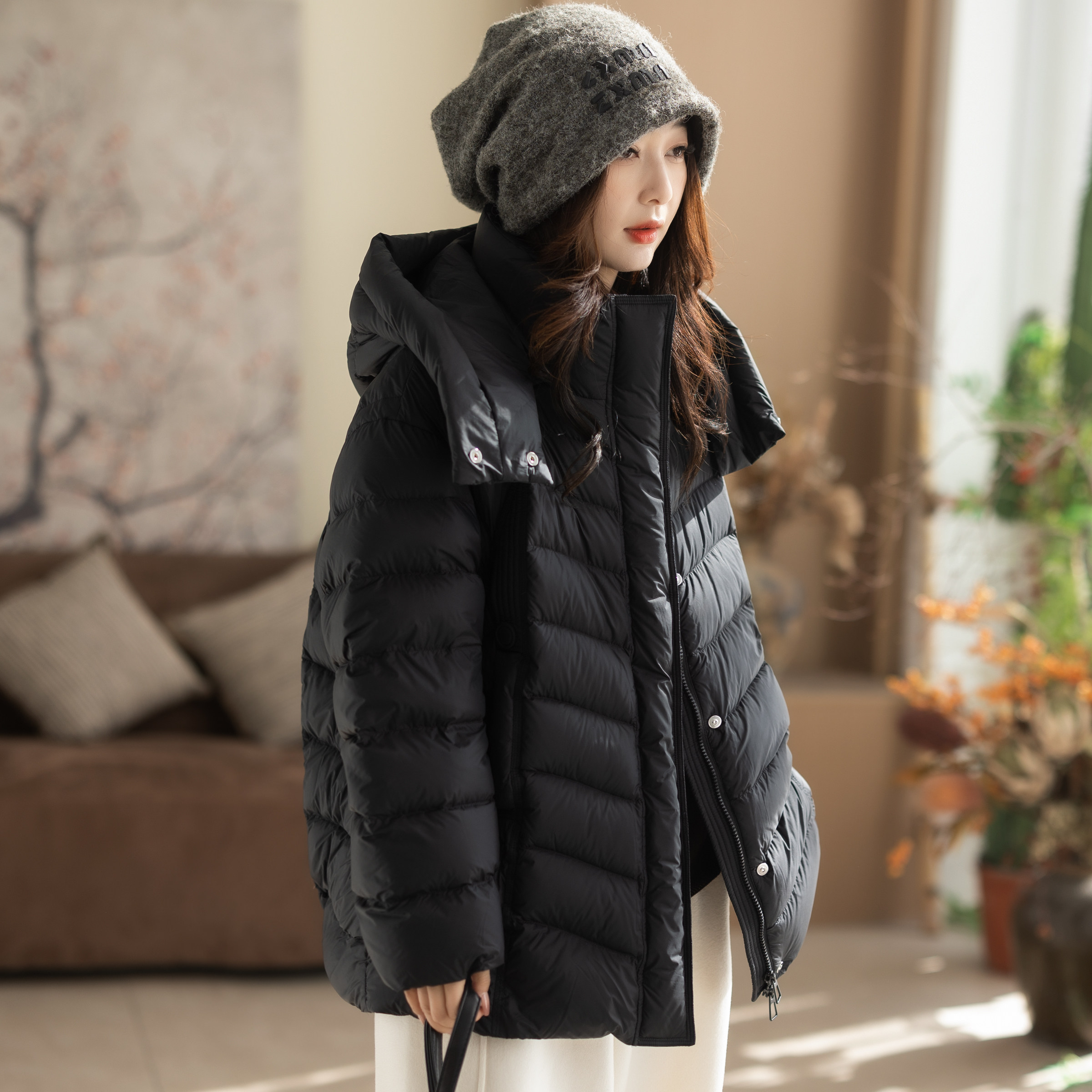 咖咪羽90白鸭绒冬装新款黑色中长款流行时尚百搭通勤女款羽绒服