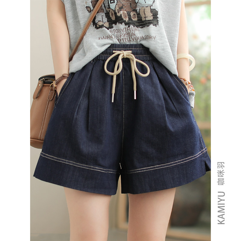 咖咪羽牛仔短裤女夏季新款女式深蓝宽松拼接直筒时尚女装牛仔裤女