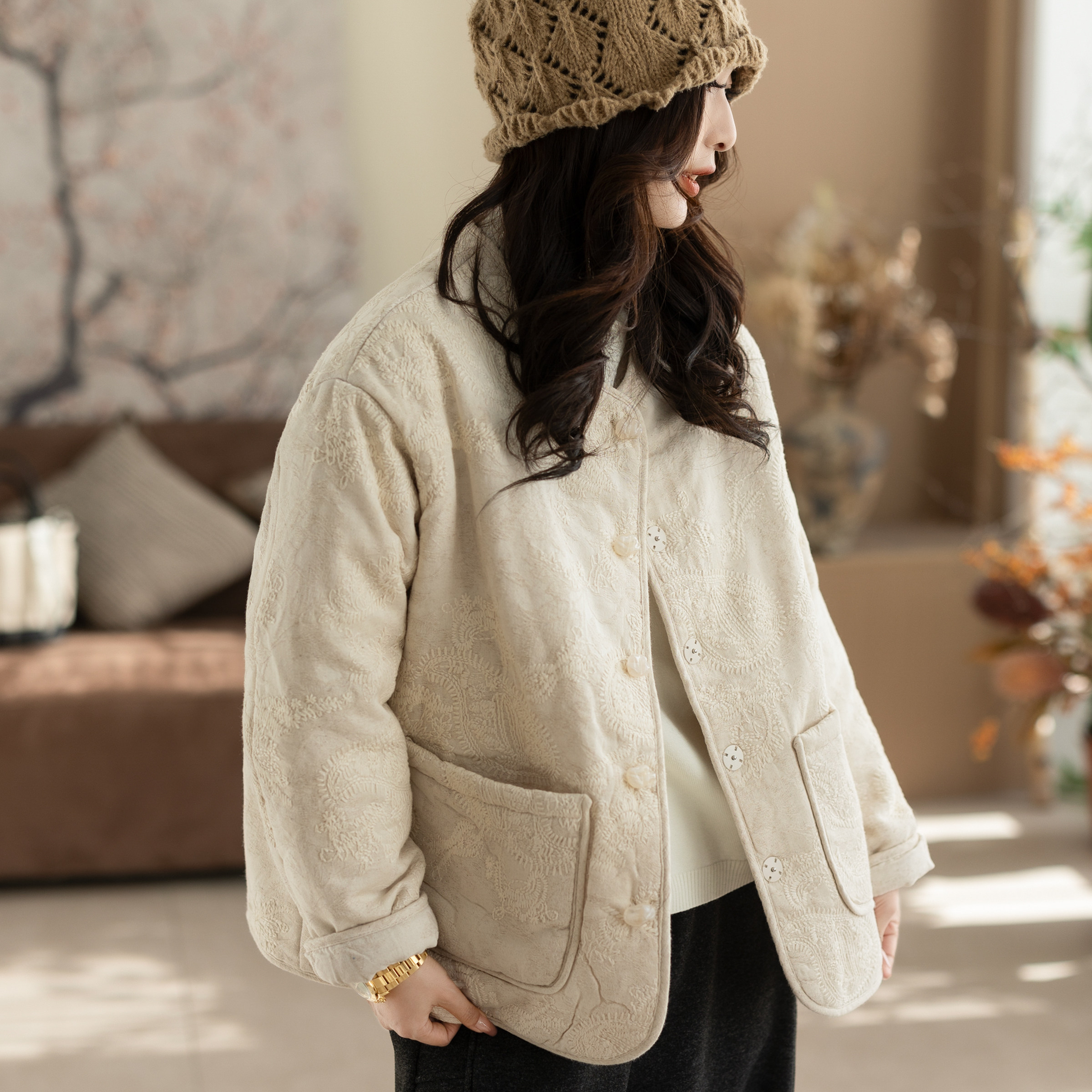 咖咪羽100%汉麻秋冬新款文艺流行女士百搭通勤女装上衣棉服外套女