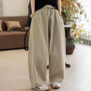 咖咪羽休闲直筒裤 女 纯棉宽松百搭简约系带通勤纯色显瘦休闲长裤