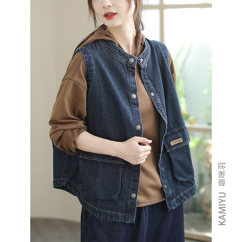 咖咪羽牛仔马甲女早秋新款女式坎肩时尚洋气圆领百搭复古女装马夹