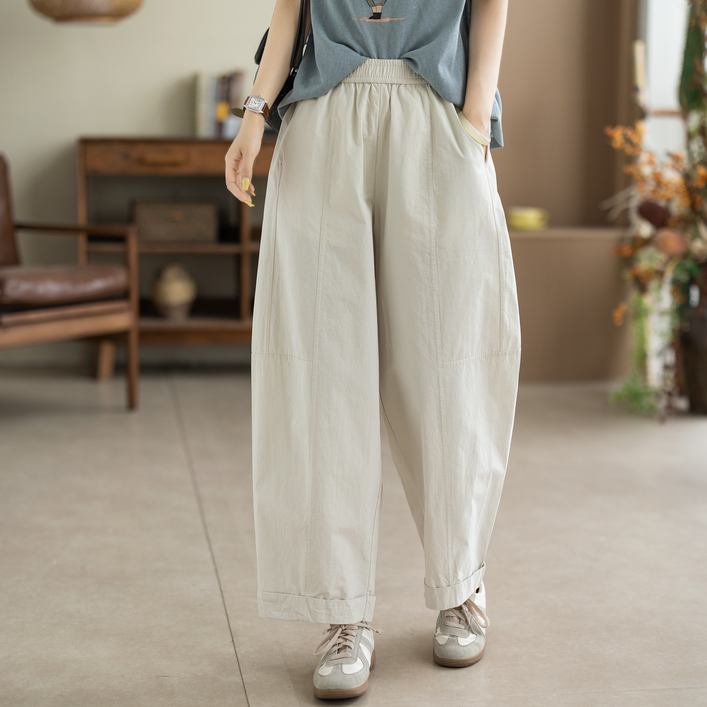 咖咪羽100%棉夏季新款拼接九分裤宽松大码休闲显瘦女装哈伦萝女