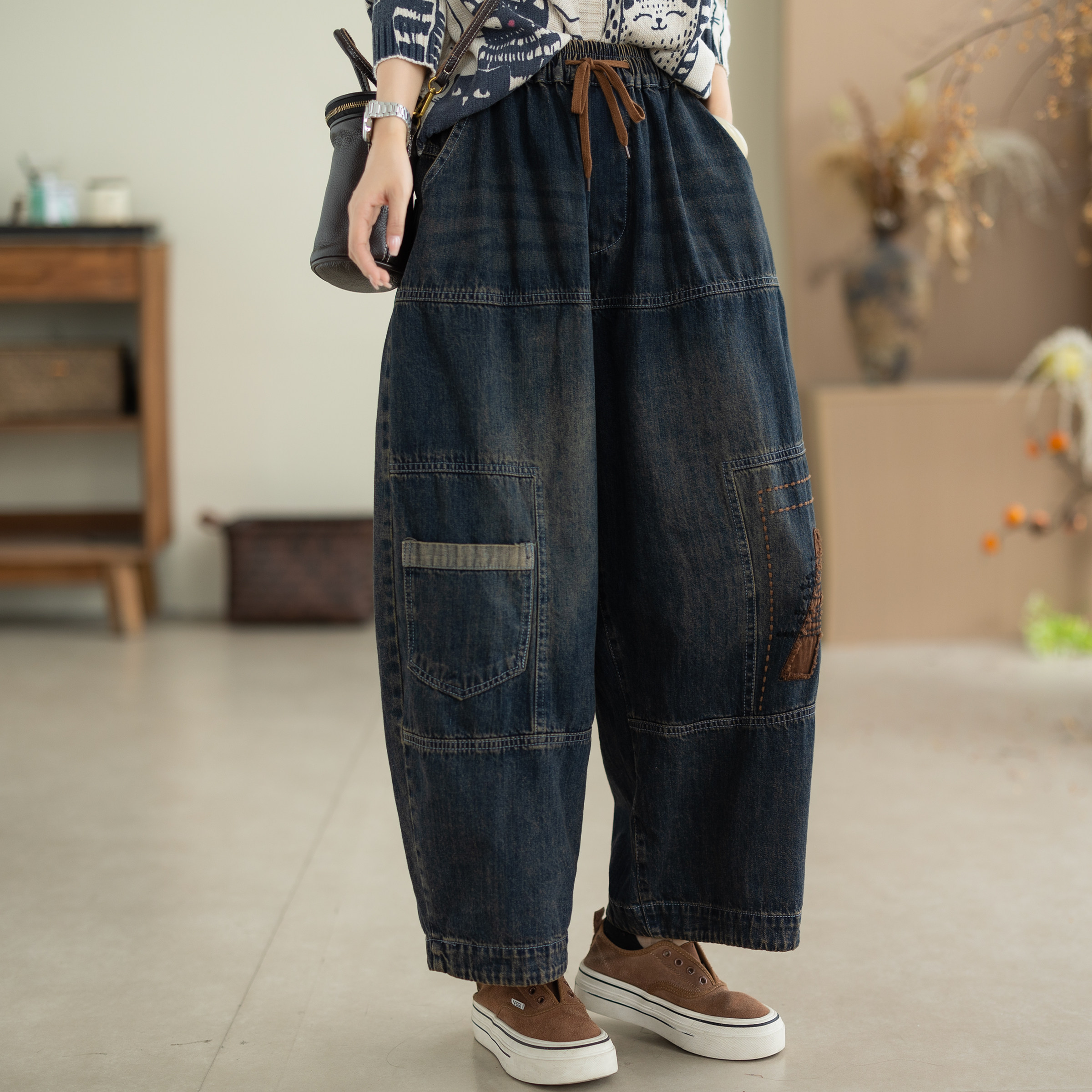 咖咪羽牛仔裤女秋季新款女士哈伦宽松直筒女款大码复古女装裤子
