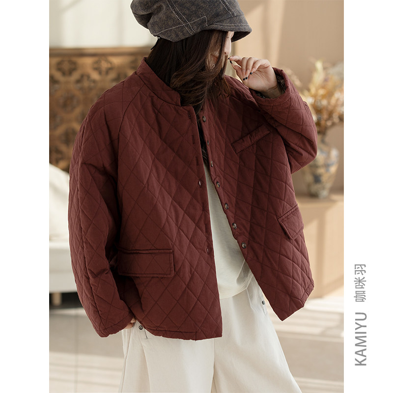 咖咪羽100%棉2025新款秋冬棉服女纯色女士菱形格女装上衣外套棉衣