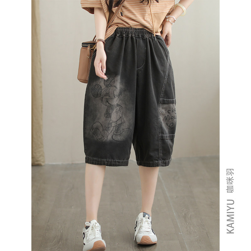 咖咪羽牛仔短裤女宽松2025新款拼接宽松百搭时尚复古水洗女装裤子