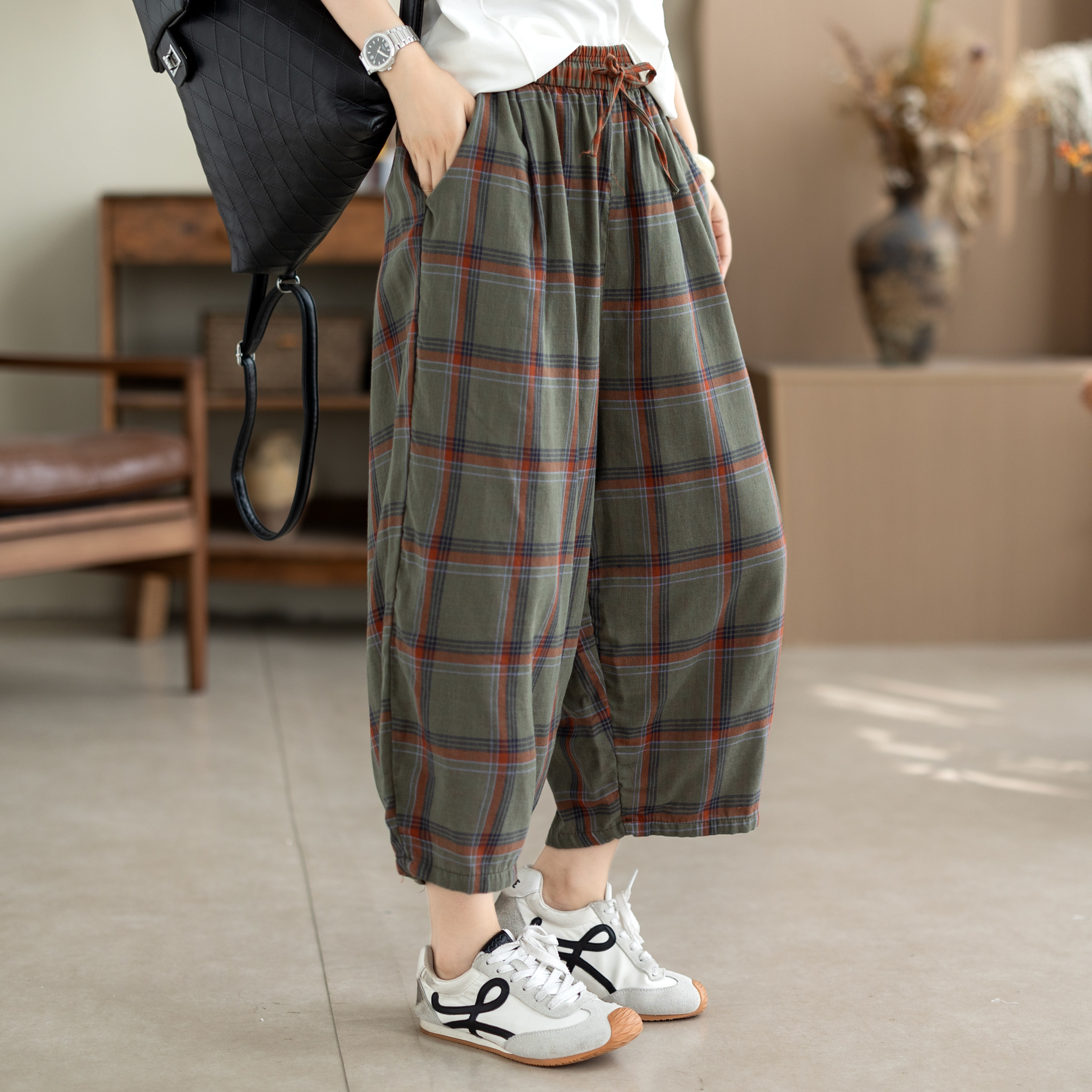 咖咪羽100%棉休闲裤女夏季新款文艺格纹高腰抽绳宽松女装哈伦裤