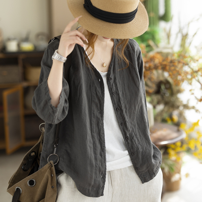 咖咪羽100%亚麻日系慵懒风开衫女士V领单排扣宽松显瘦七分袖衬衣