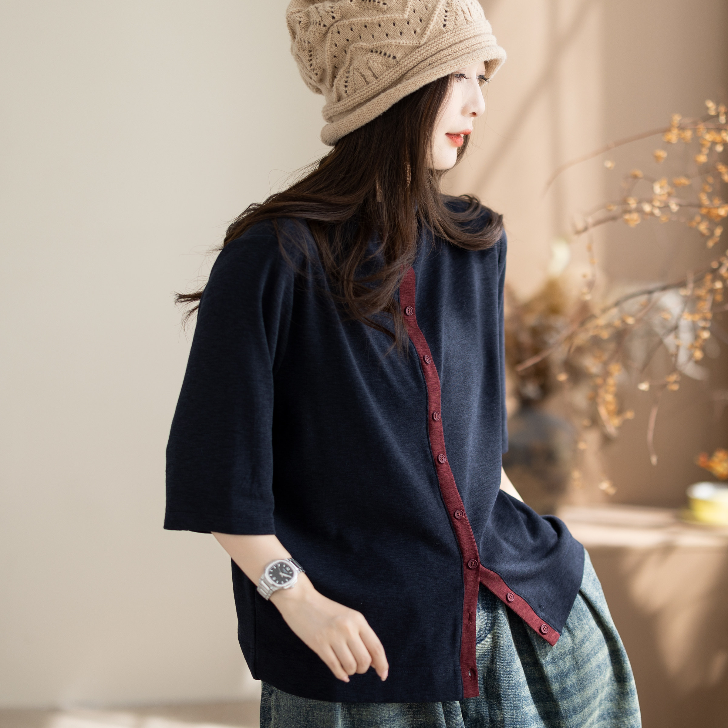 咖咪羽复古拼色T恤女秋季新款新款宽松大码五分袖上衣女装开衫女