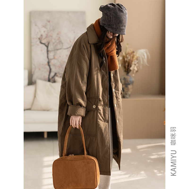 咖咪羽原创复古风棉衣新款秋冬拼接宽松流行百搭中长款女装外套女