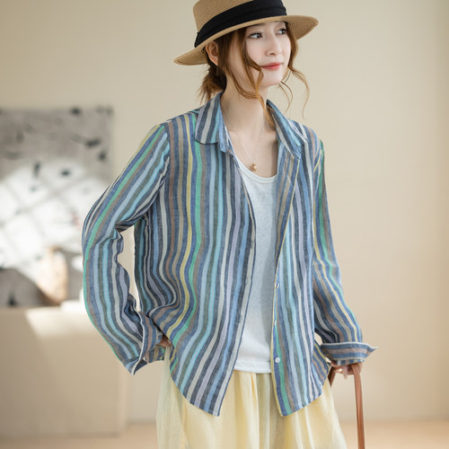 咖咪羽100%亚麻文艺复古蓝灰格子衬衫女夏季宽松显瘦休闲防晒上衣