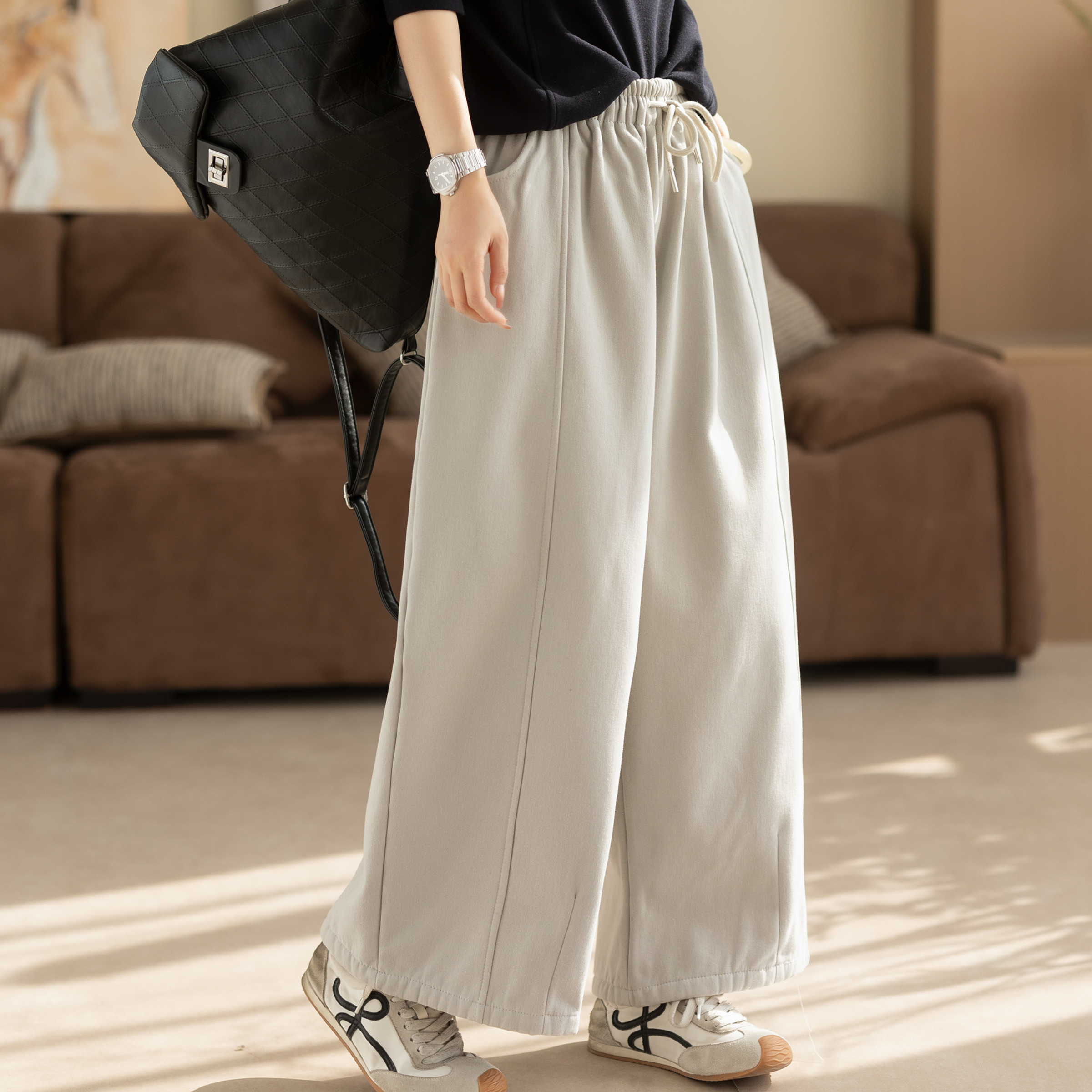 咖咪羽休闲裤女冬装新款加绒直筒宽松纯色复古洋气加厚女装卫裤女