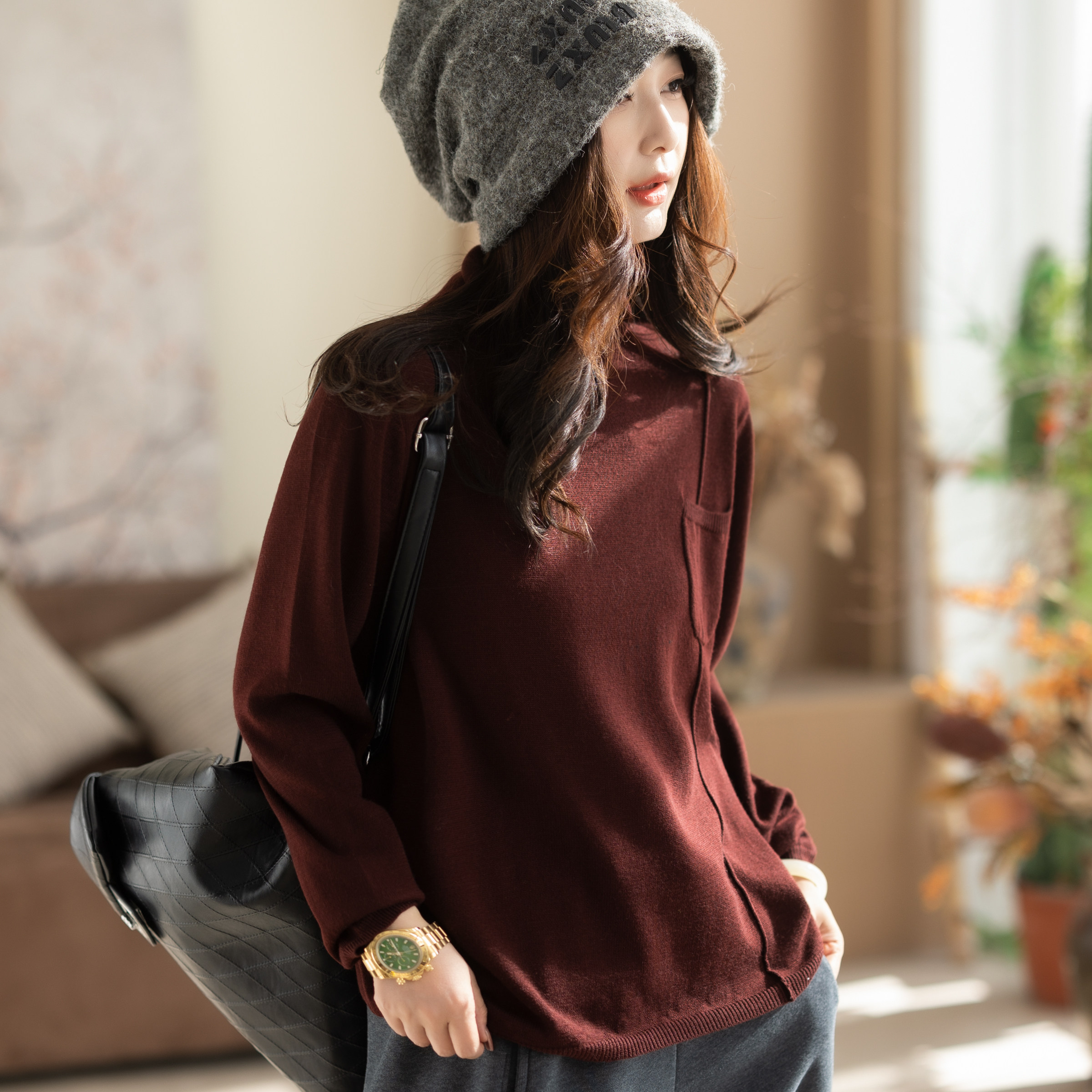 咖咪羽针织衫女秋冬新款高领纯色复古文艺流行好看羊毛女装上衣