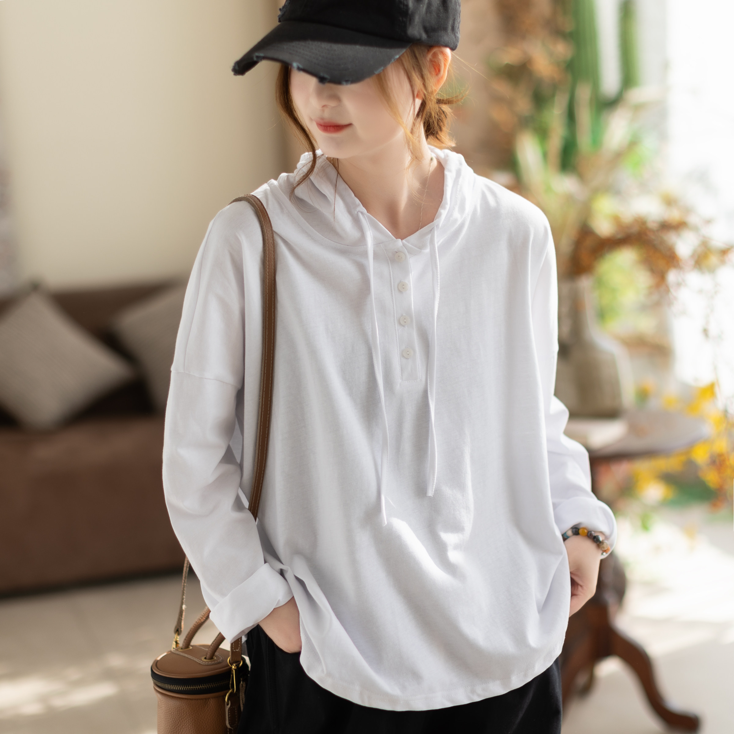 咖咪羽全棉韩式慵懒风连帽正肩T恤2026春季新款大码底衫T恤上衣