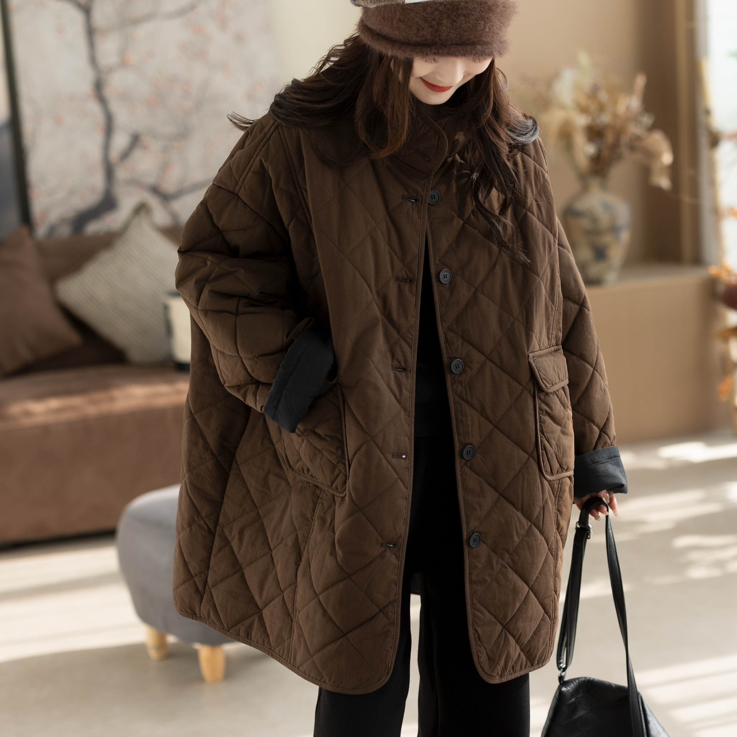 咖咪羽2025冬季新款文艺复古夹棉保暖百搭棉衣菱形格立领棉服外套