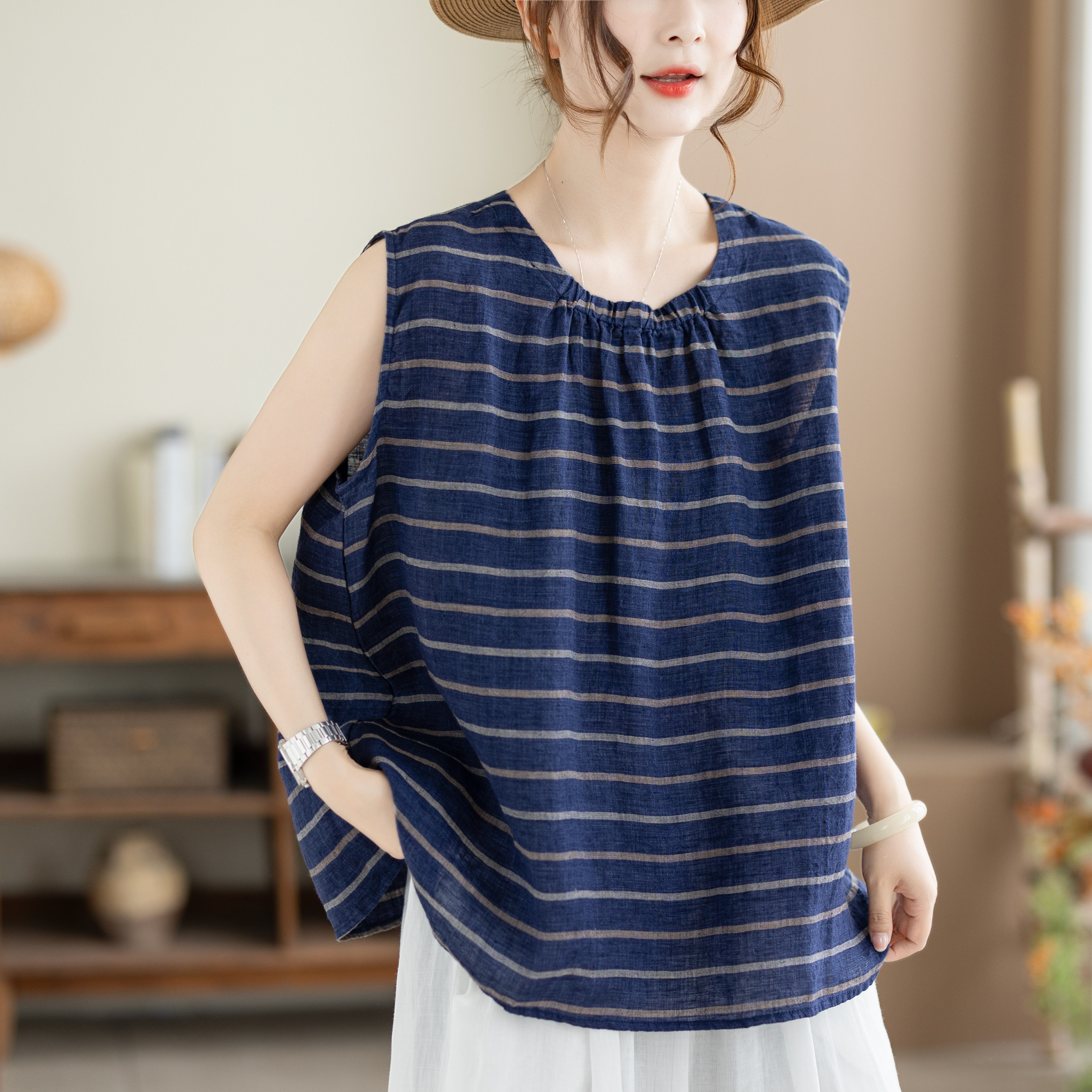 咖咪羽复古藏青条纹亚麻背心衬衫女夏季无袖宽松通勤大码女装上衣