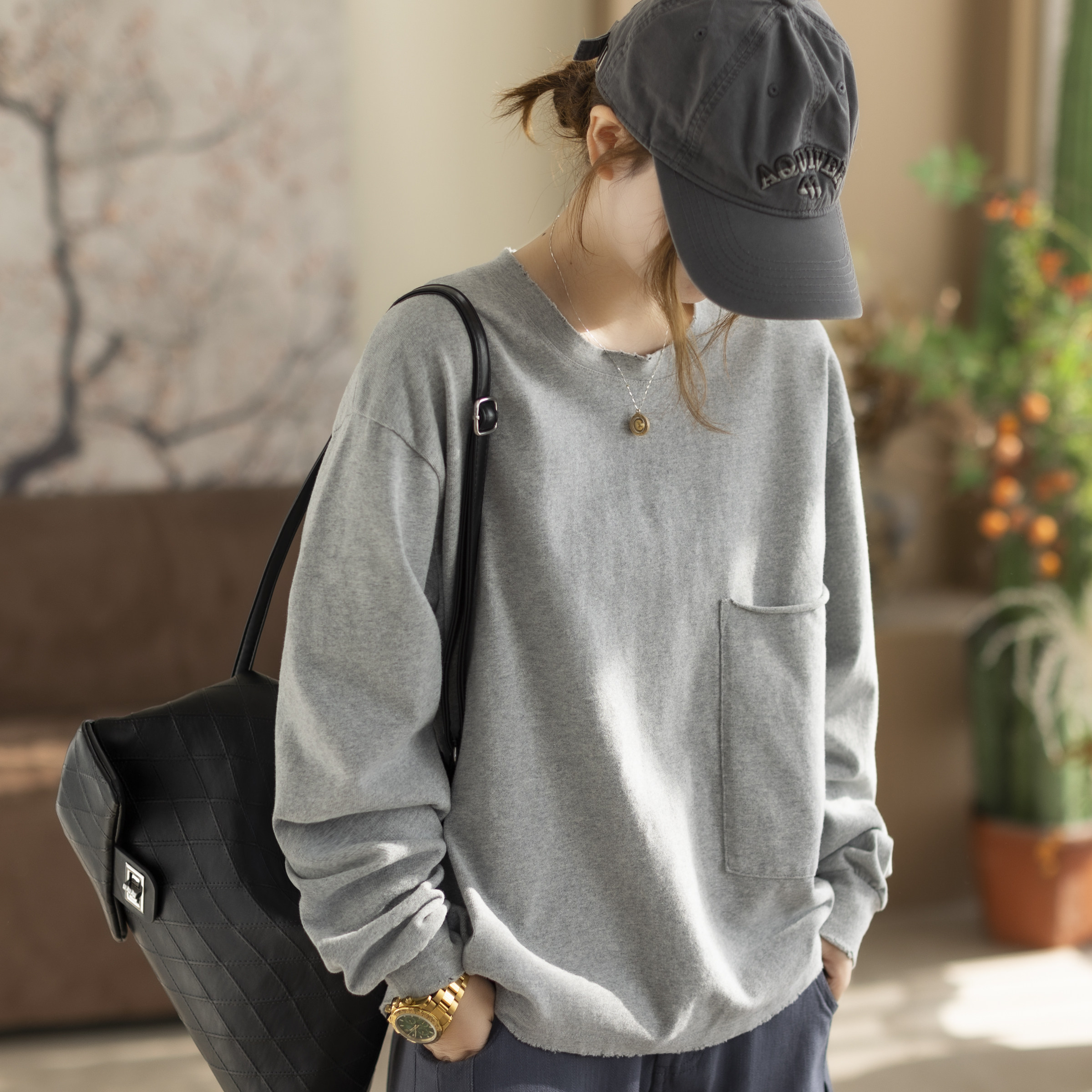 咖咪羽棉质磨毛品质宽松大口袋纯色短款做旧T恤女新款慵懒感上衣