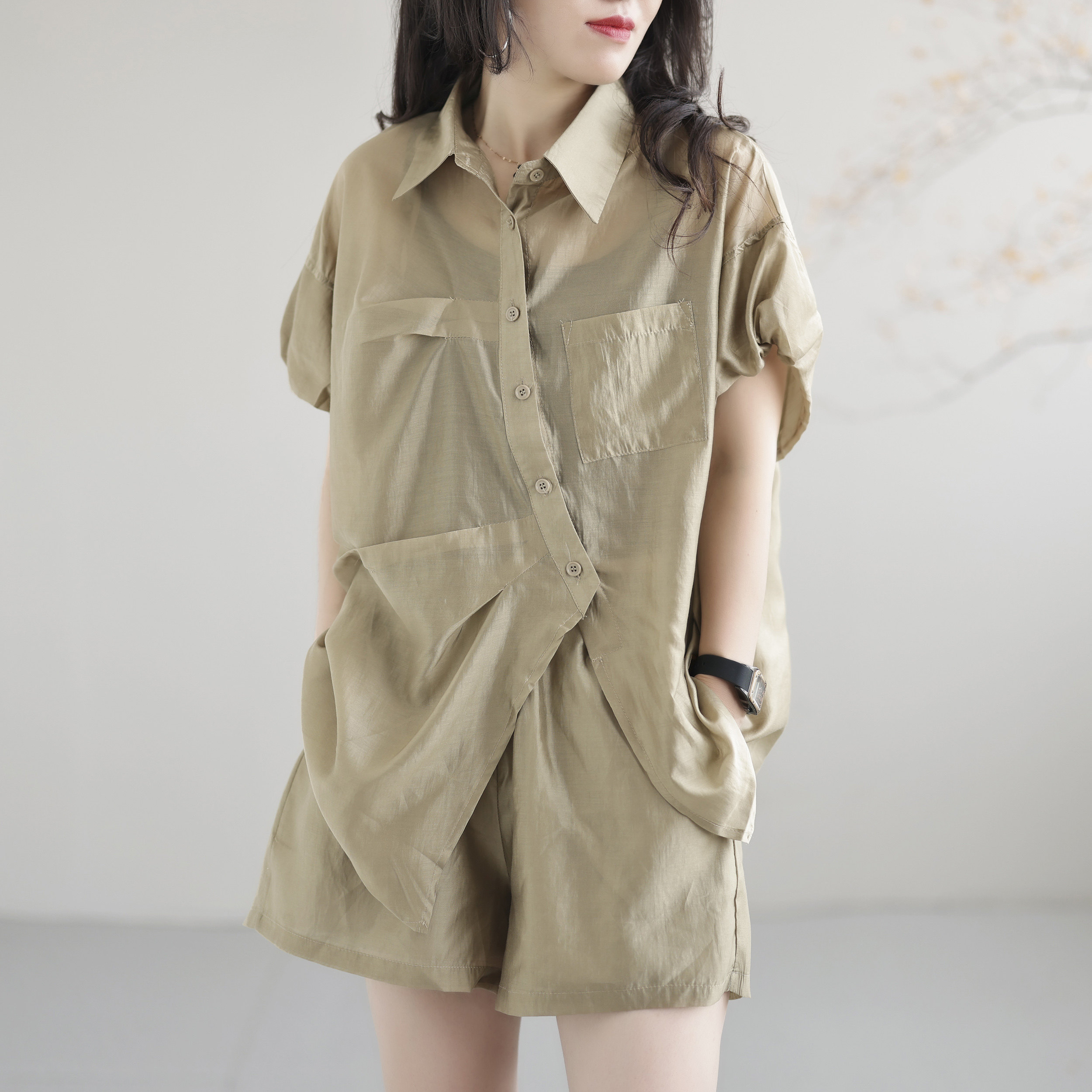 新款套装t恤女夏装休闲短裤宽松复古文艺时尚天丝麻t女装裤子体恤