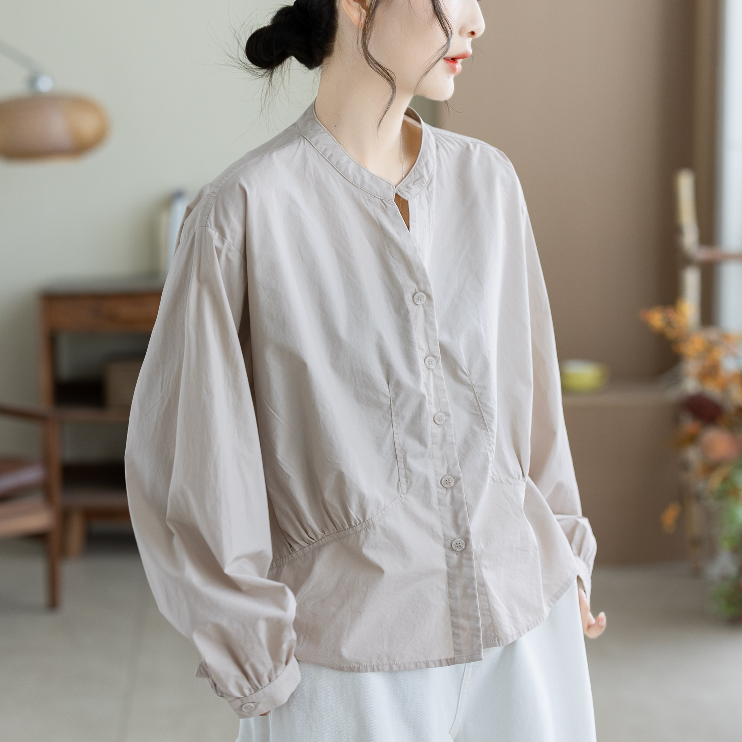 咖咪羽100%棉时尚半开领衬衫2026秋款长袖减龄遮肉休闲女装上衣
