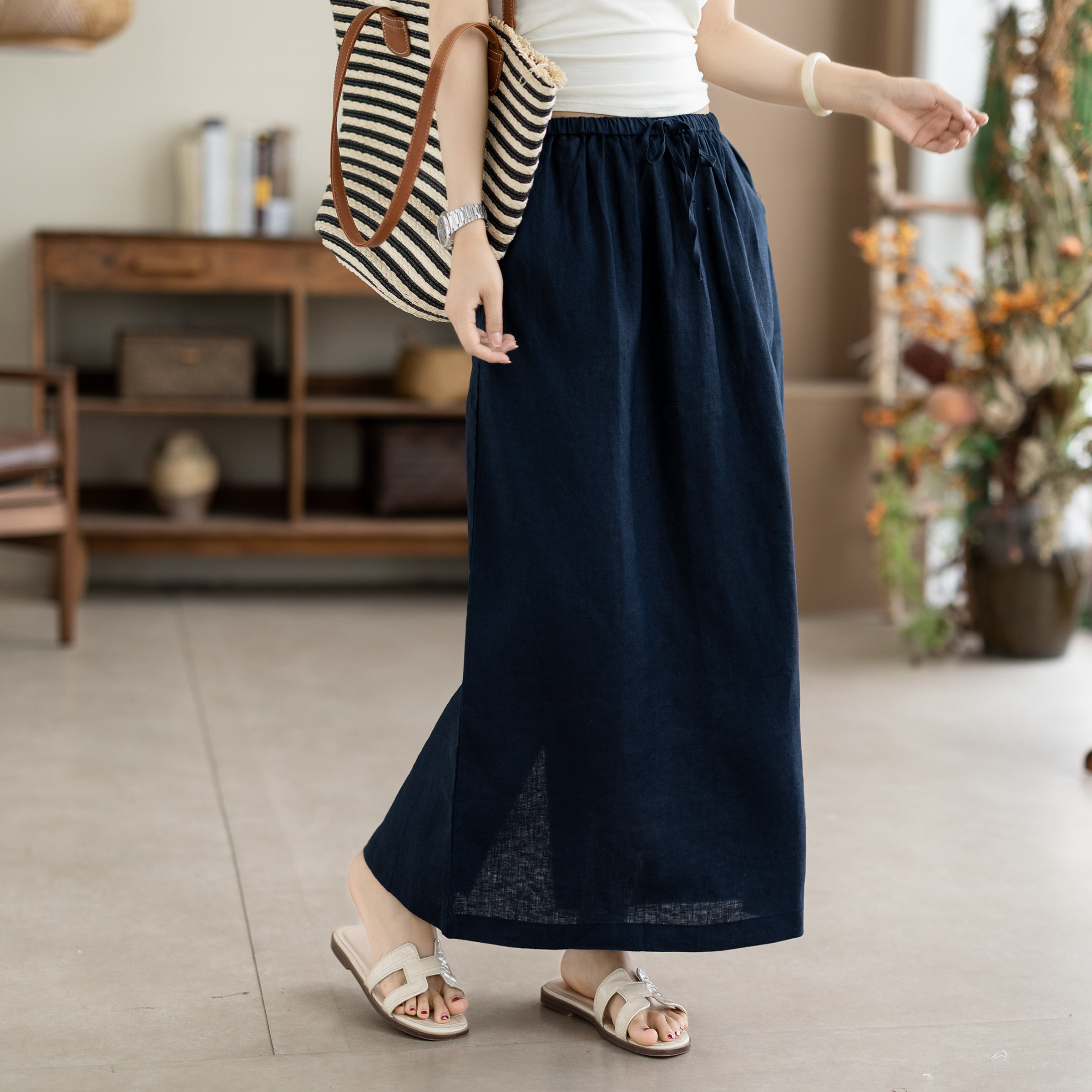 咖咪羽100%亚麻半身裙女夏季新款黄色宽松显瘦文艺通勤女装裙子女
