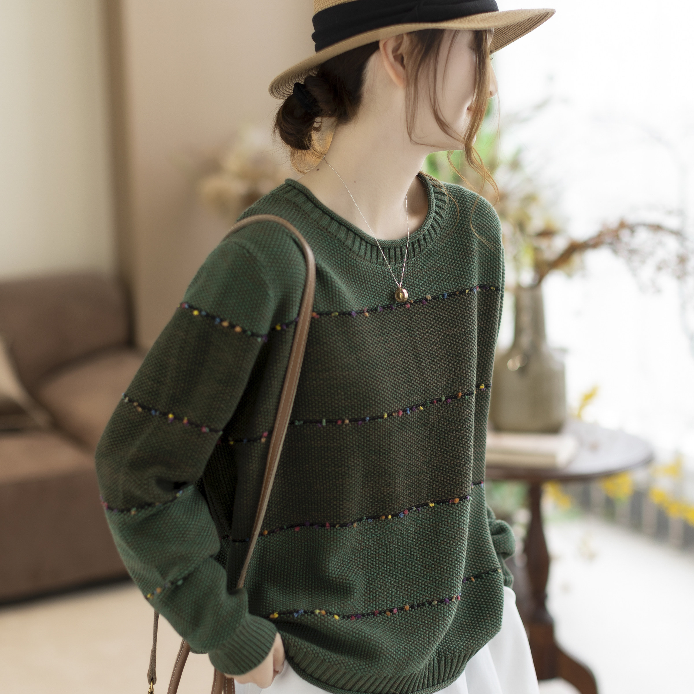 咖咪羽毛衣新款女士棉线文艺休闲流行圆领宽松复古女装上衣针织衫