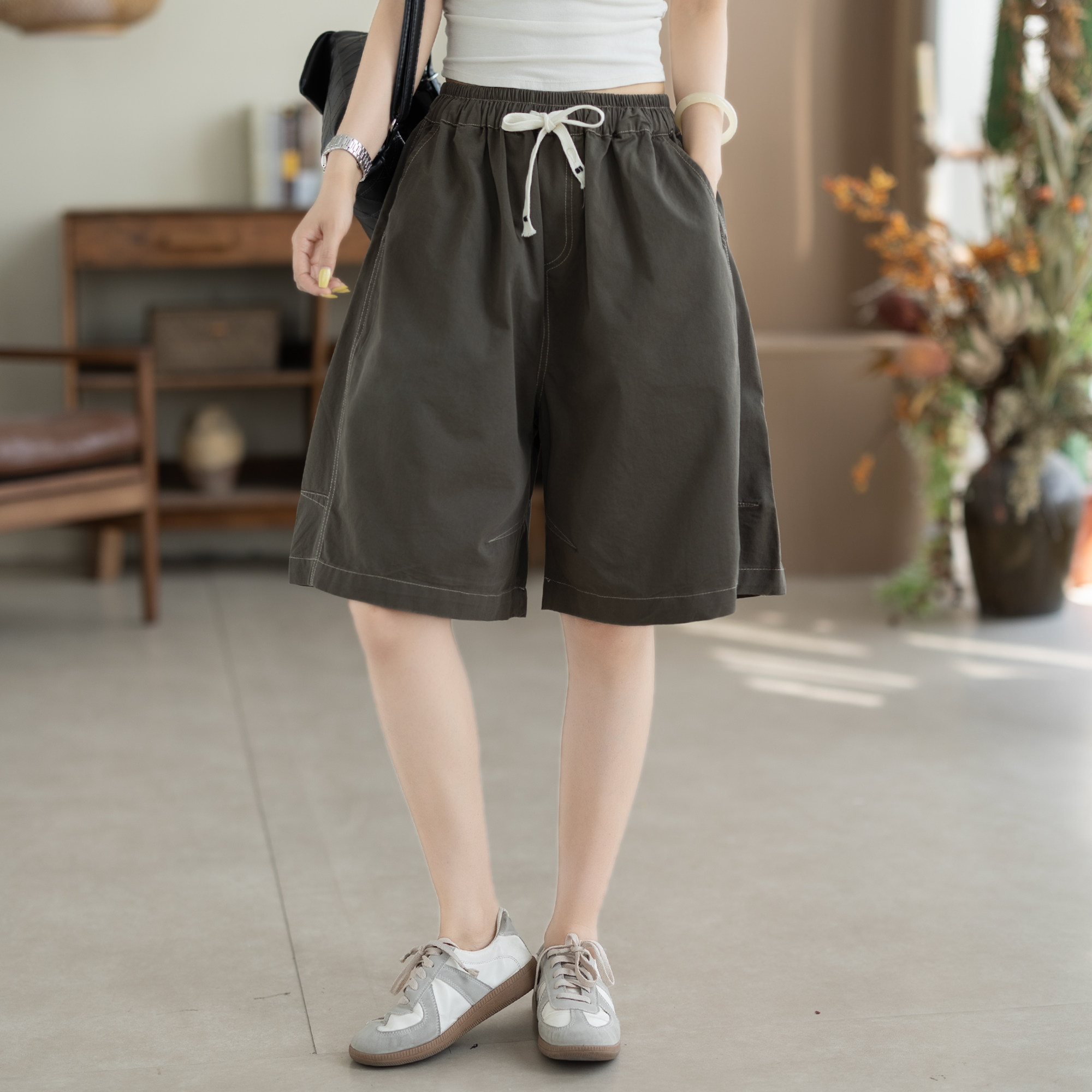 咖咪羽100%棉短裤女夏季阔腿高腰松紧休闲裤复古宽松女装五分裤