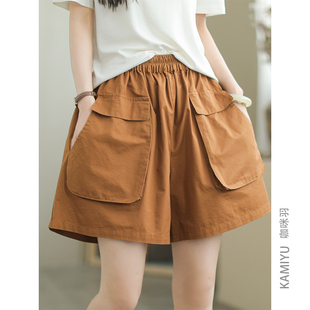 休闲裤 咖咪羽100%棉休闲五分裤 纯色大口袋简约女装 夏季 女2025新款