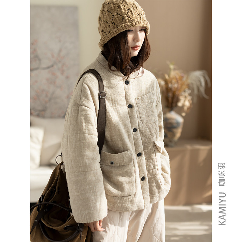 咖咪羽汉麻棉服女秋冬新款时尚百搭文艺女士宽松拼接通勤女装上衣