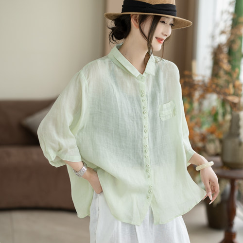 咖咪羽复古100%苎麻衬衫百搭女宽松翻领文艺风显瘦女装开山上衣