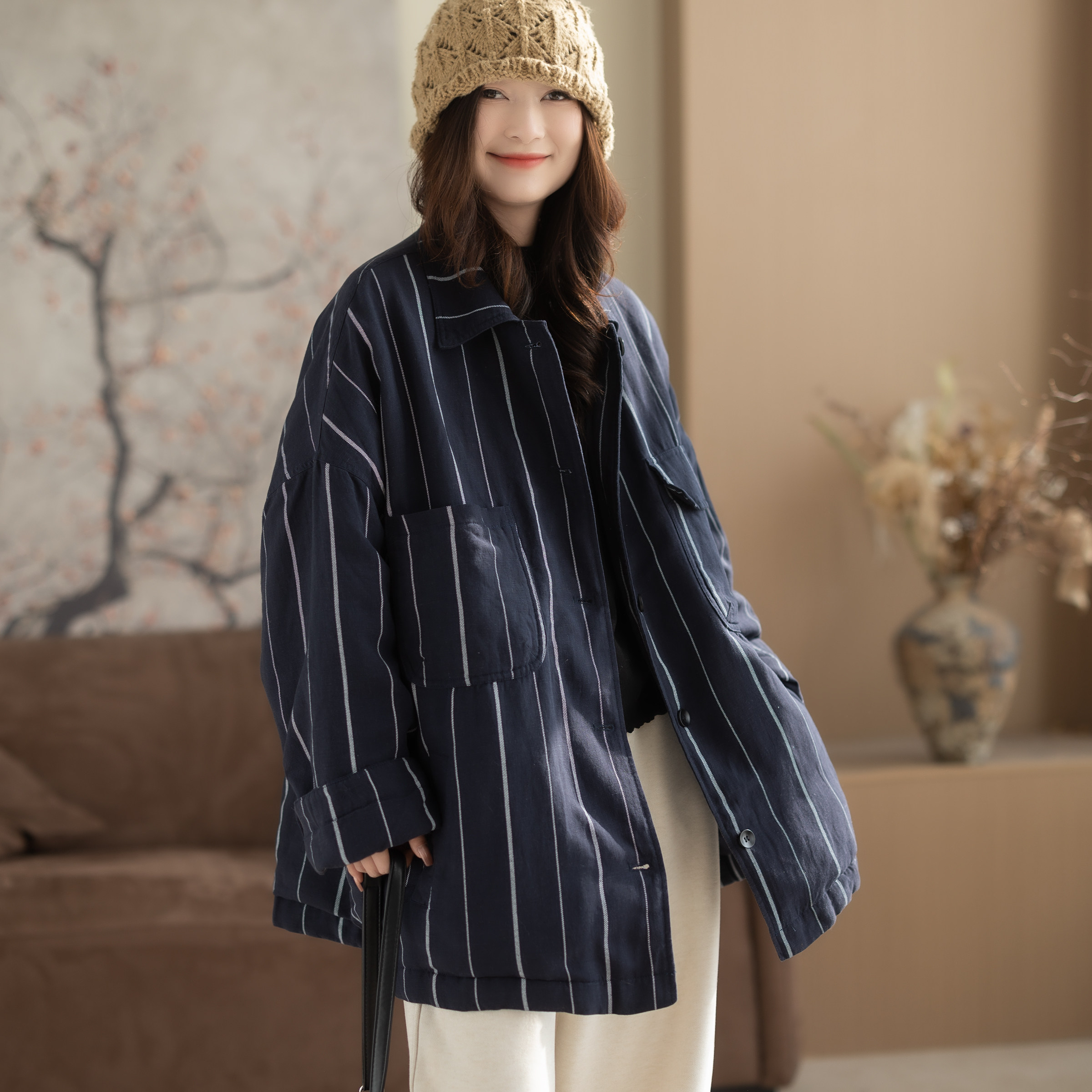 咖咪羽简约条纹色织亚麻翻领衬衫棉服大码外套休闲秋冬加厚棉服女
