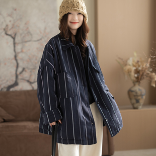 咖咪羽简约条纹色织亚麻翻领衬衫棉服大码外套休闲秋冬加厚棉服女