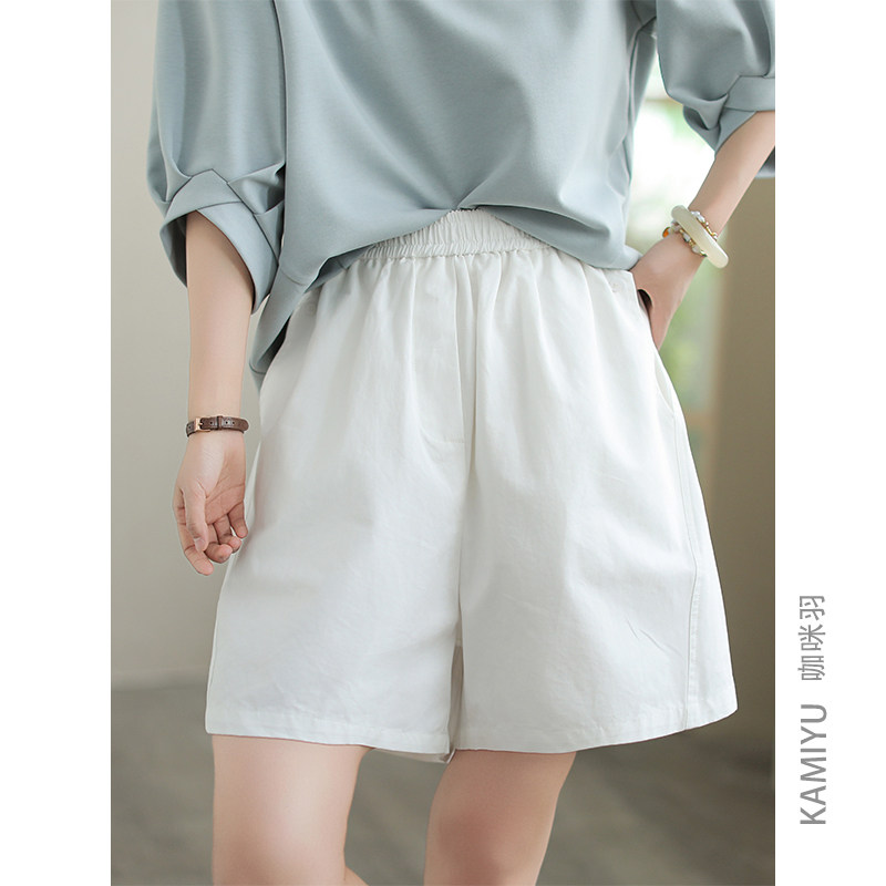 咖咪羽100%棉休闲短裤女时尚文艺直筒纯色宽松拼接百搭女装休闲裤