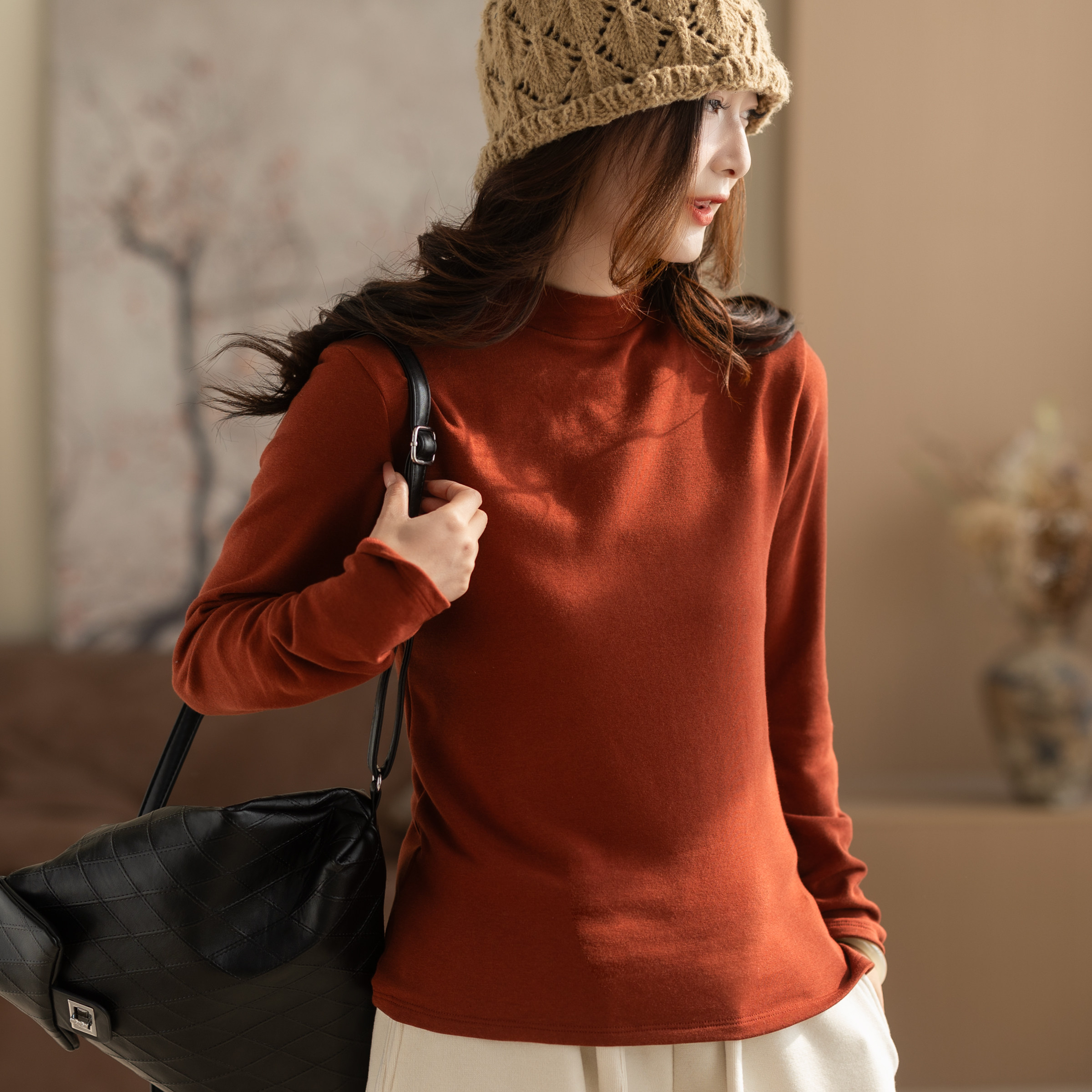 咖咪羽打底衫女秋冬新款女士半高领亲肤软糯复古咖色流行女装上衣