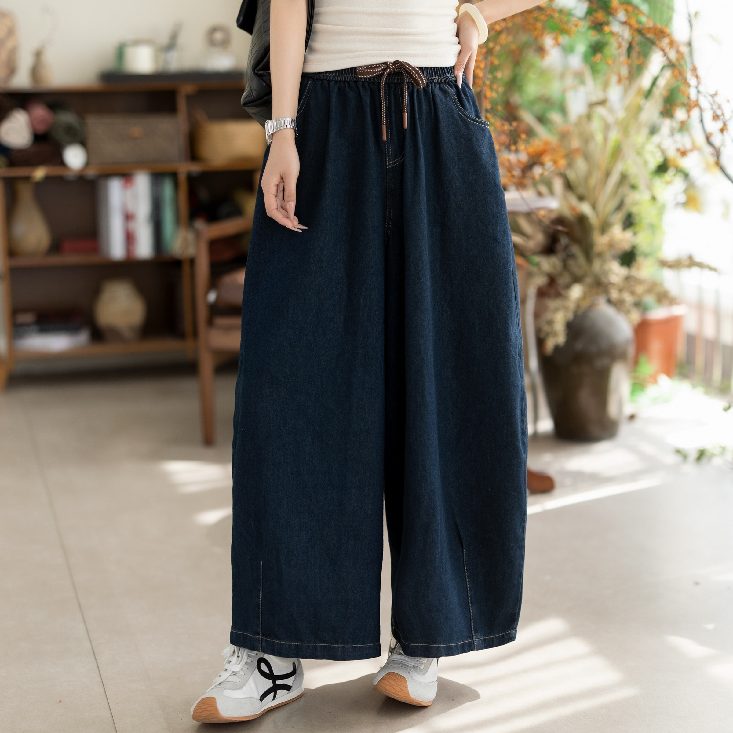 咖咪羽夏装新款牛仔裤女松紧腰抽绳宽松显瘦大码直筒通勤女装裤子