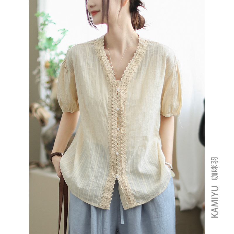 2025新款夏时尚V领百搭纯色文艺休闲花边气质显瘦女装衬衫短袖女