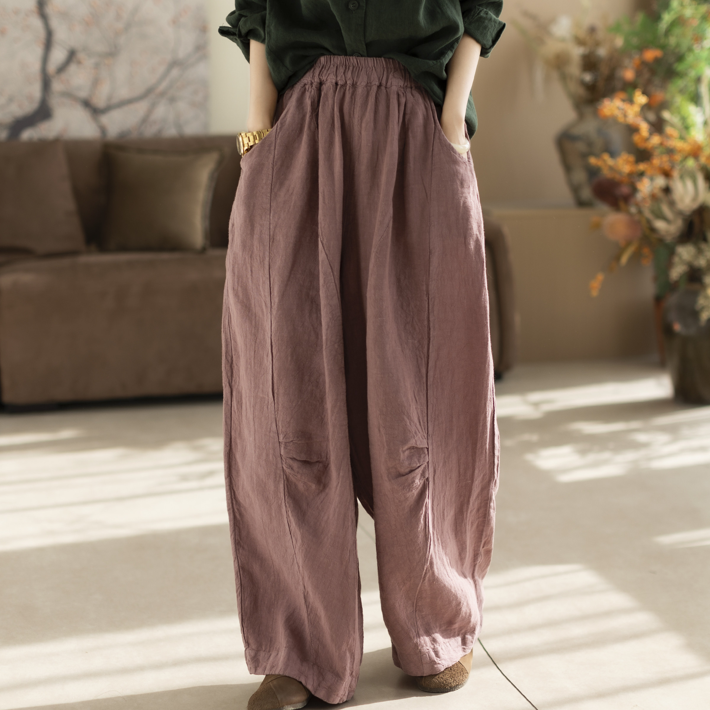 咖咪羽亚麻休闲裤女春秋直筒纯色女士宽松流行显瘦气质女装裤子