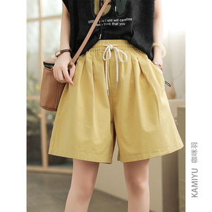 上衣裤 文艺松紧腰宽松纯色百搭简约女装 子 女时尚 咖咪羽100%棉短裤
