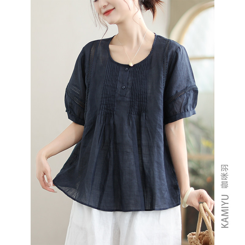 咖咪羽100%苎麻夏装2025新款风琴褶文艺休闲花边女装上衣短袖