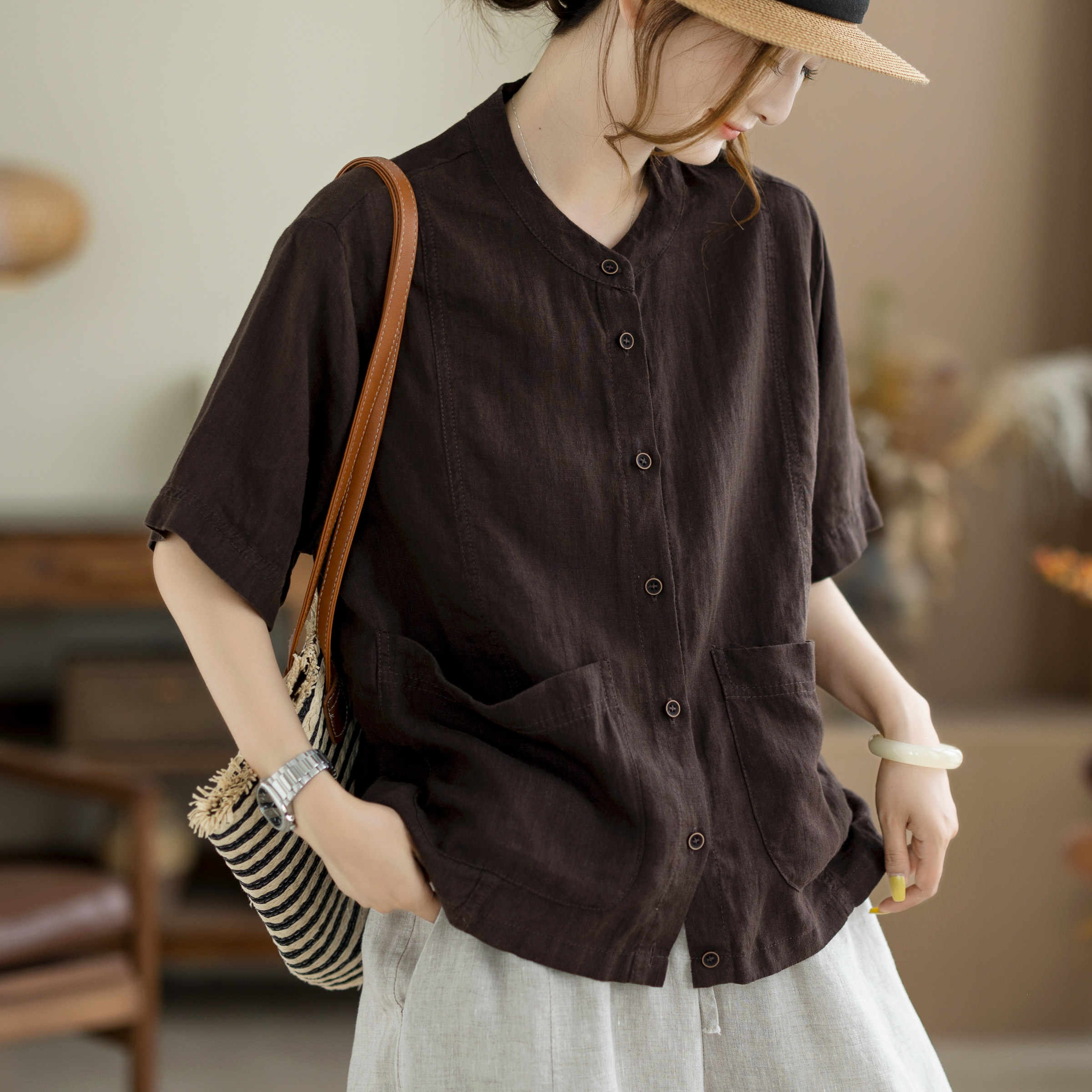 咖咪羽100%亚麻衬衫女夏季新款立领宽松大码透气流行女装休闲短袖