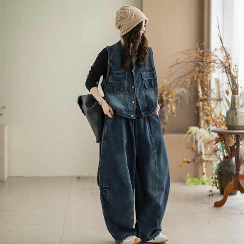 咖咪羽复古牛仔马甲女秋季新款套装秋季宽松松弛女装两件套牛仔裤